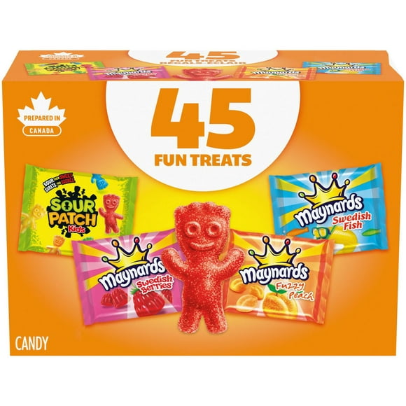 Maynards, Assorted Gummy Candy (Pack of 45), Sour Patch Kids, Fuzzy Peach, Swedish Berries, Swedish Fish, Bulk Candy, Individually Wrapped, Sour Then Sweet Candy, 562 g