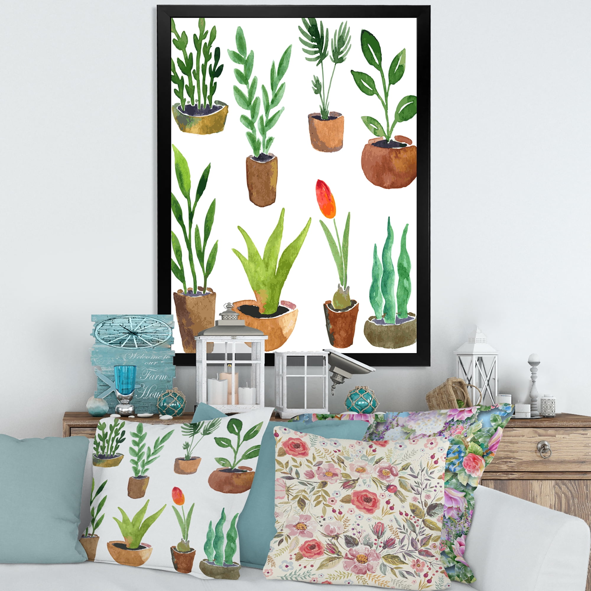 Designart 'Eight House Plants In Claypots' Traditional Framed Art Print