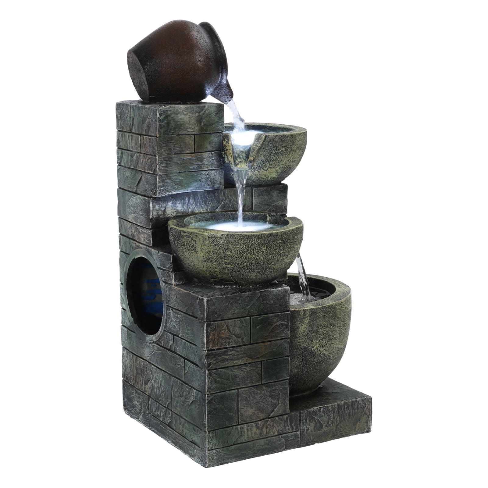 Koiauber 23.6" 4-Tiers Outdoor Garden Water Fountain,Cascading Bowls and Stacked Stones Outdoor Water Fountain,Outside Patio Water Features Fountain with LED Light