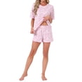 thumbnail image 2 of INSPIRE CHIC Womens Pajama Set Short Sleeves Ruffle Loose Fit Round Neck Ruffled Hem Delicate Loungewear Shirt and Shorts 2 Pcs L Pink, 2 of 6
