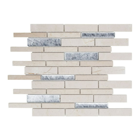 Modket TDH468NS Beige Cream Crema Marfil Marble Stone Silver Foiled Glass Mosaic Tile Backsplash