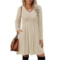 thumbnail image 3 of Women's Dress Long Sleeve V-Neck High Waist Elastic Ribbed Striped with Pocket Midi Dress for Spring Fall Casual,Beige,L, 3 of 7
