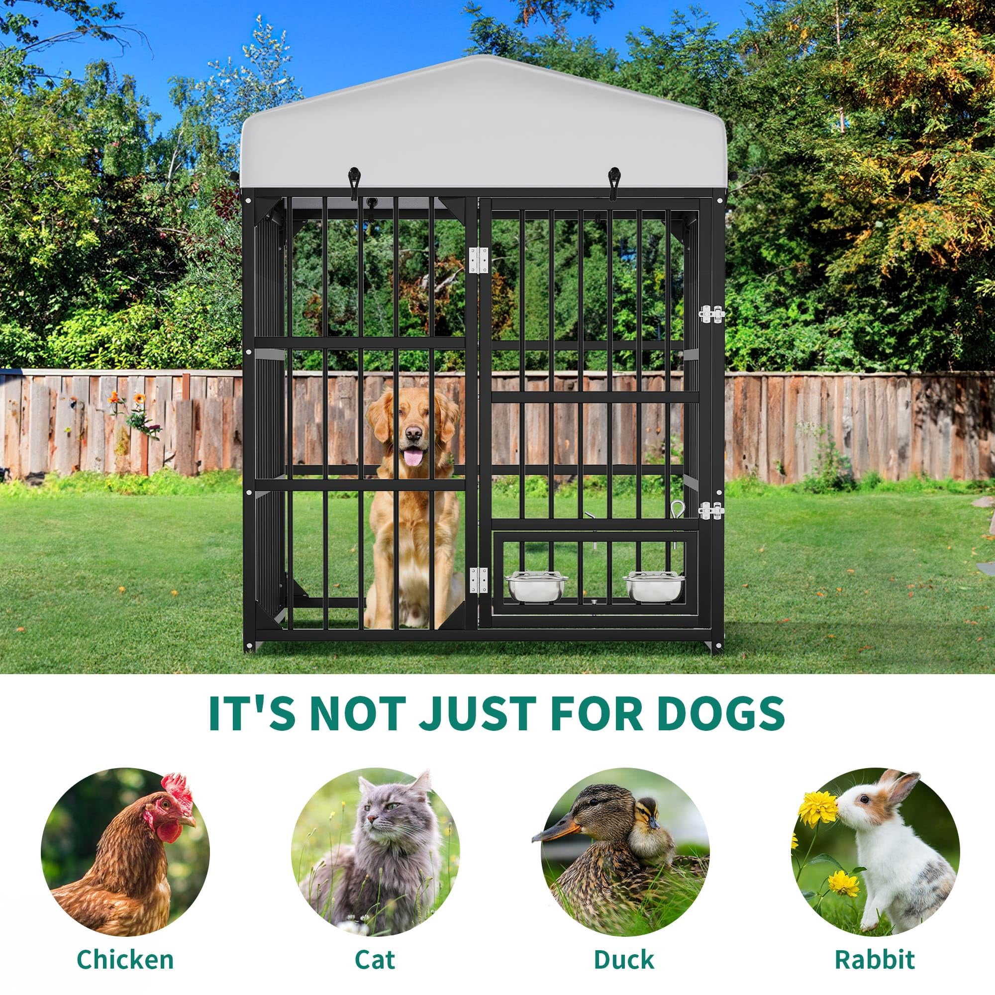 Outdoor Dog Enclosure With Rotating Feeder Bowls  4'l X 4'w 5'h Outside Kennel Roof Heavy Duty Cage For Small Medium Dogs