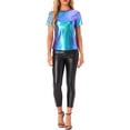 thumbnail image 2 of INSPIRE CHIC Women's Metallic Textured Short Sleeve Shiny Party Tops S Blue Green, 2 of 5
