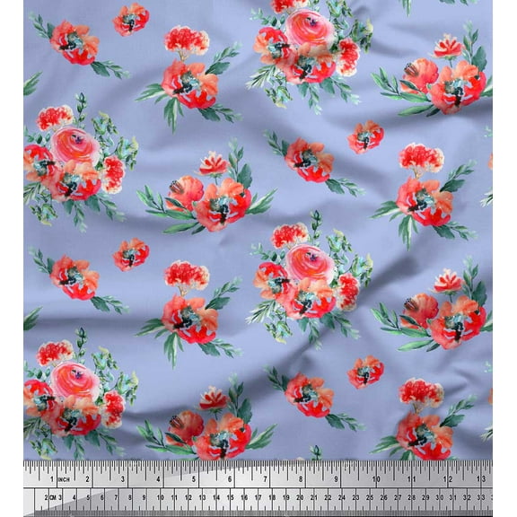 Soimoi Blue Cotton Duck Fabric Leaves & Ranunculus Floral Printed Fabric 1 Yard 42 Inch Wide