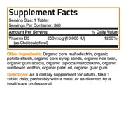 Bronson High Potency Vitamin D3 10,000 IU for Immune Support, Healthy Muscle Function & Bone Health, USDA Certified Organic Non-GMO Gluten Free Vitamin D Supplement, 360 Tablets