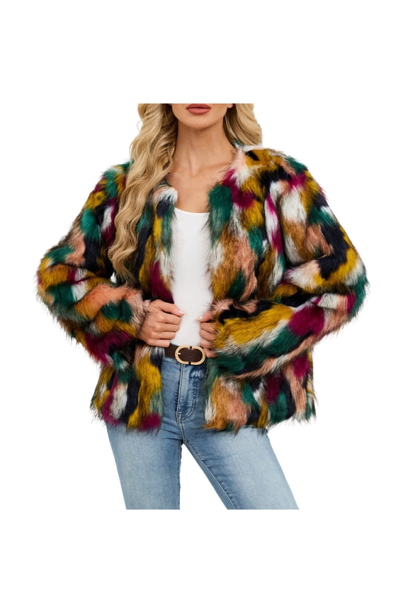 Women's Cropped Colorful Furry Faux Fur Jacket Winter Warm Coat Short Teddy Style Outerwear Trendy, Multicolor