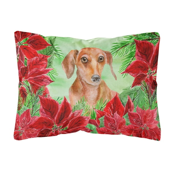 Carolines Treasures CK1355PW1216 Red Dachshund Poinsettas Canvas Fabric Decorative Pillow 12H x16W multicolor