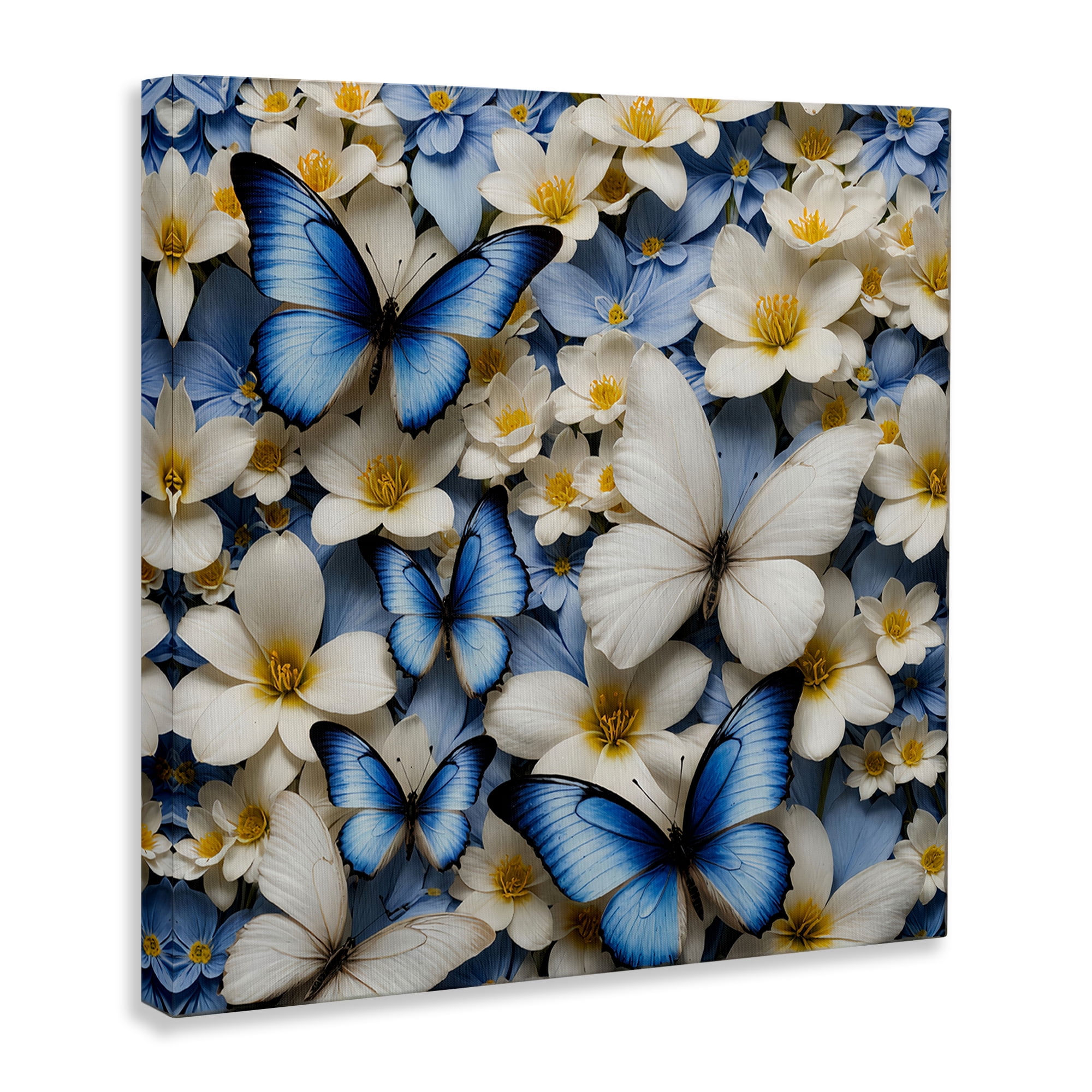 Stupell Industries Blue & White Floral Butterflies Plants & Flowers Painting Wrapped Canvas Art Print Wall Art, 24 x 24