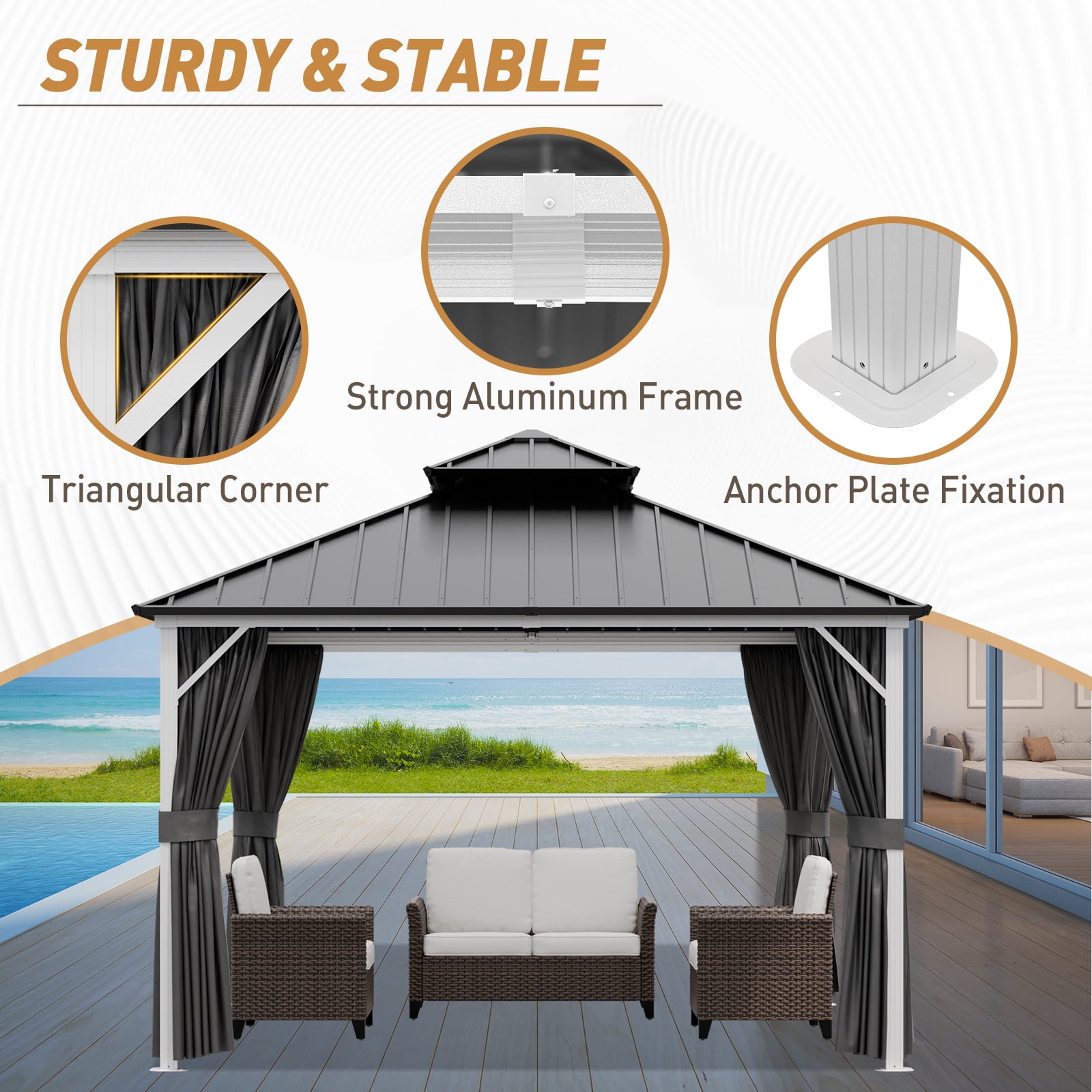 INTER HUT 12x12 FT Galvanized Steel Double Roof Gazebo with Aluminum Frame Gazebo with Curtain and Netting, White/Gray