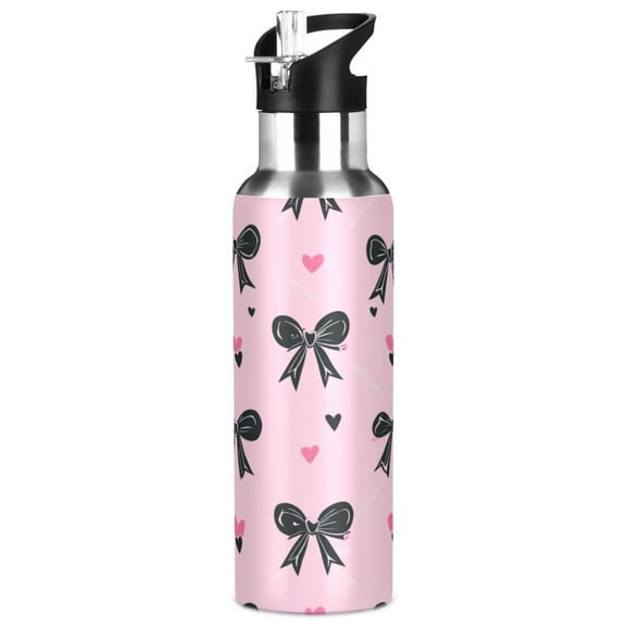 1000ml Vacuum Insulated Sports Water Bottle with Foldable Straw Stainless Steel Portable Thermos Cup Black Bows
