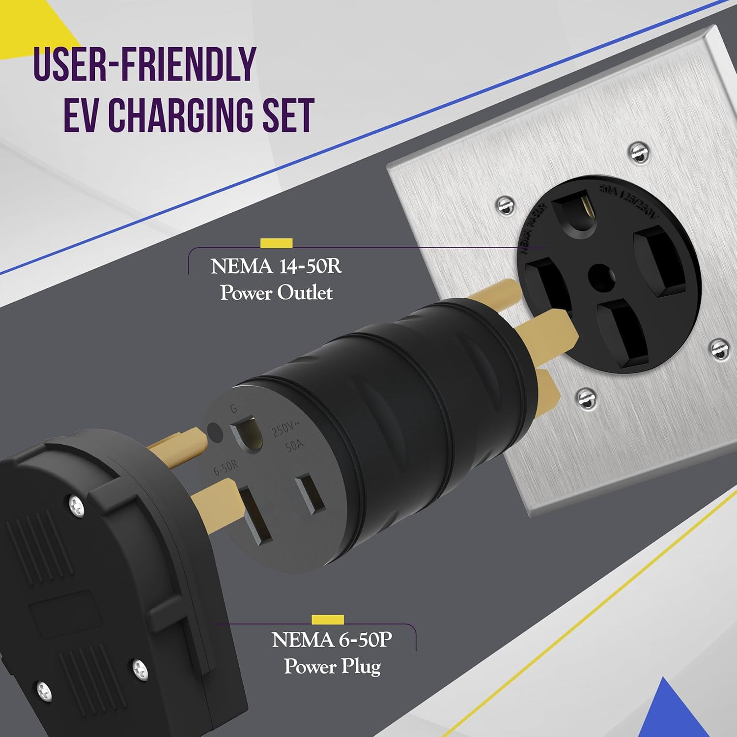 50A NEMA 14-50P to 6-50R EV Charger Adapter - 5 Prong Male to 3 Prong Female, UL Certified, 50 Amp, Black