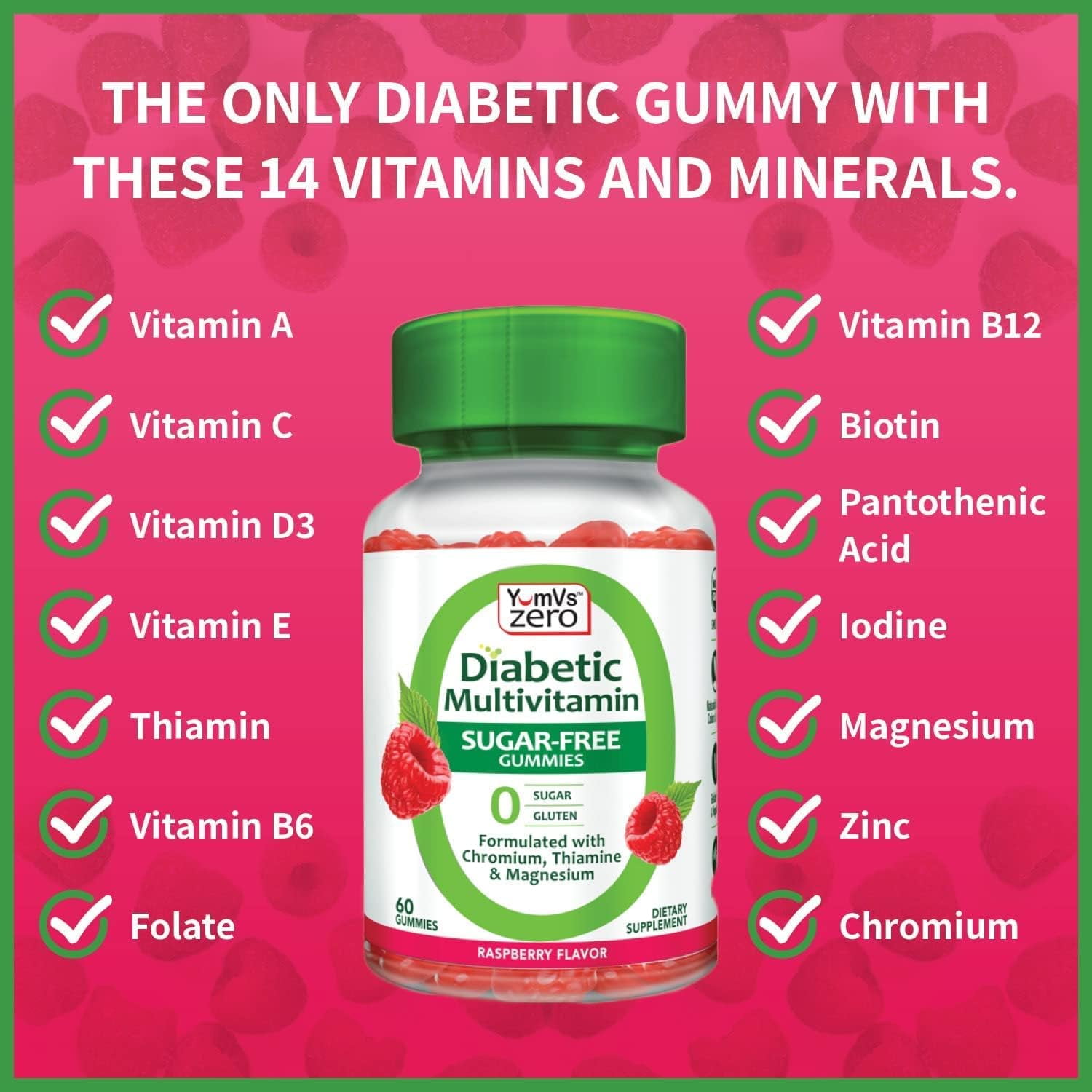 YUM-V'S Sugar-Free & Chewable Multivitamin Gummies with Natural Raspberry Flavor, 60 Count