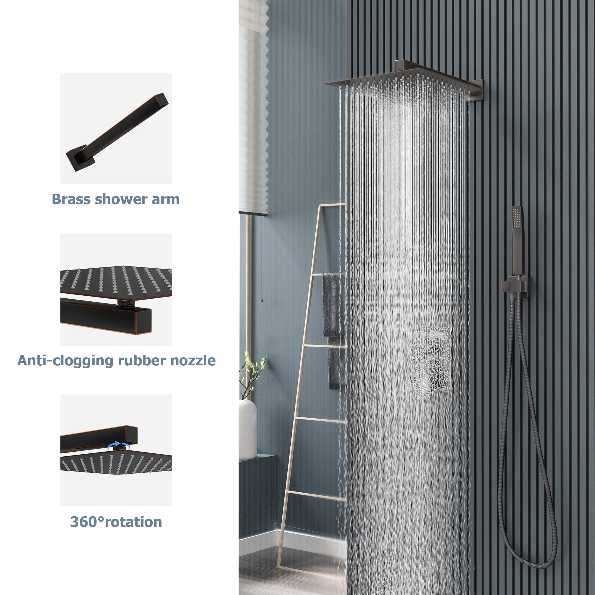 Logmey 10" Wall Mounted Pressure Balancing Dual Shower Rain Shower System with Rough-in Valve and Trim Kit, Oil Rubbed Bronze Stainless Steel Shower Head