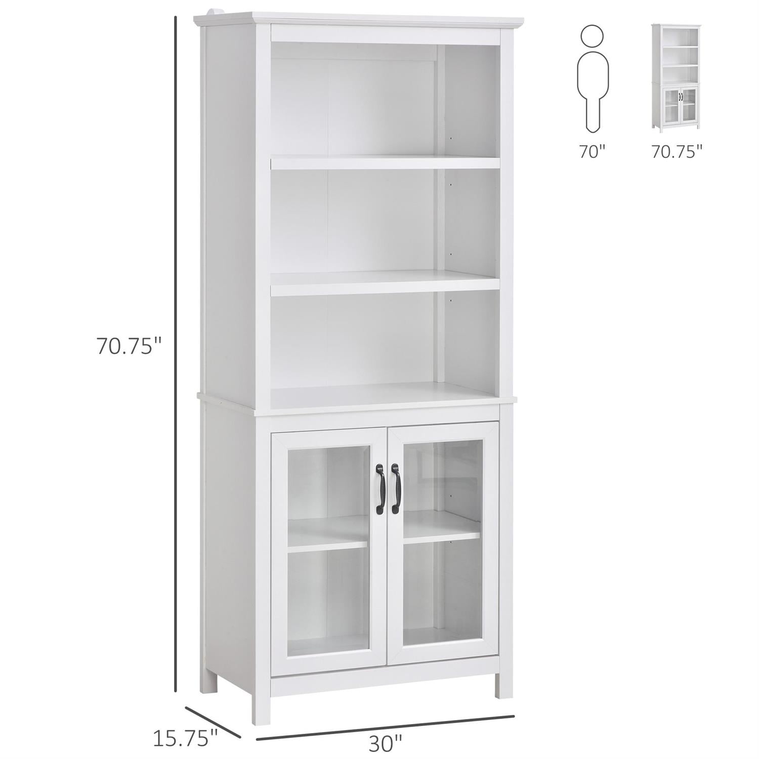 Demi Bonn 71" Adjustable Shelves Bookcase Cabinet with Glass Doors for Home Office, Living Room or Kitchen Use, Stylish Storage, White