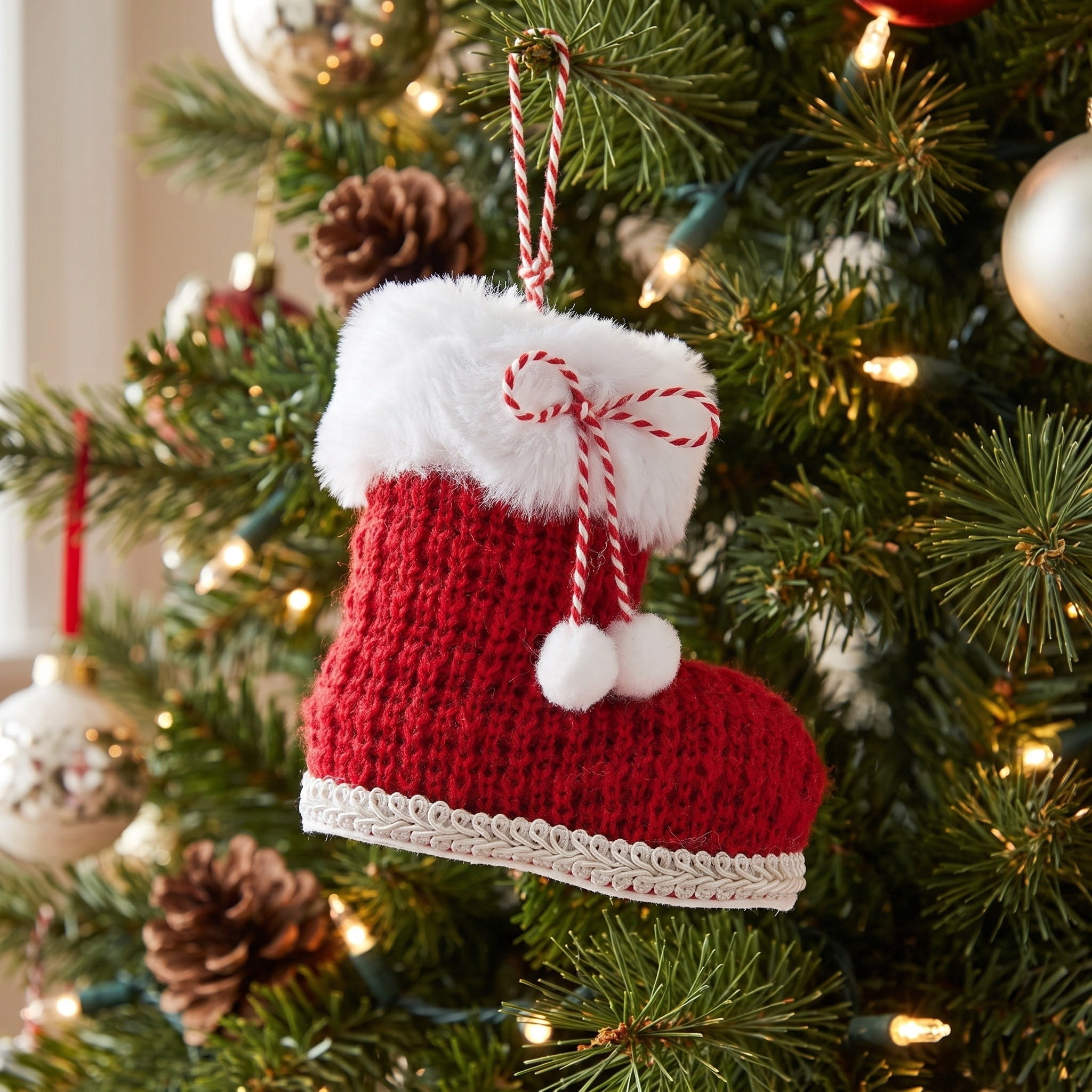 Red and White Knitted Santa Boot Christmas Ornament, 4", by Holiday Time
