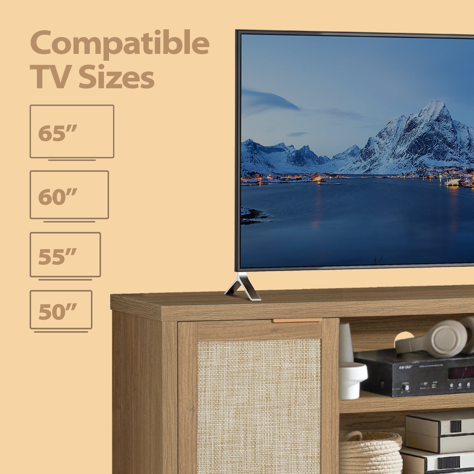 ARKANTOS Rattan TV Stand for Tvs up to 65 inch, Wood Media Console for Living Room, Natural Oak