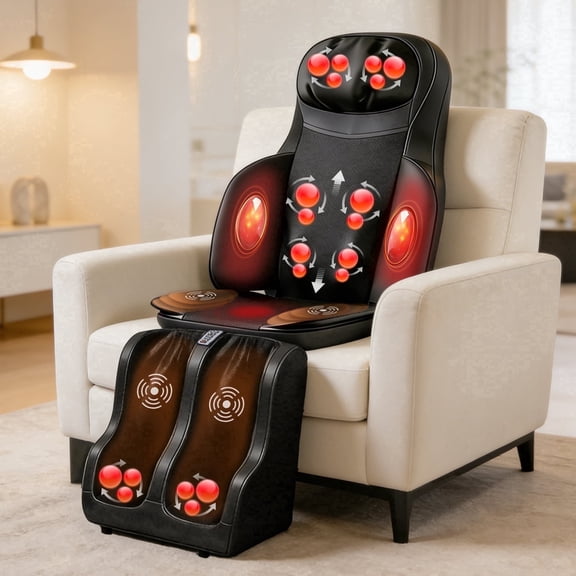 Full Body Massage Chair Pad with Heat, Shiatsu Neck & Back Massager with Foot Massager, Kneading & Rolling Massage for Pain Relief, Home Office Use - Black