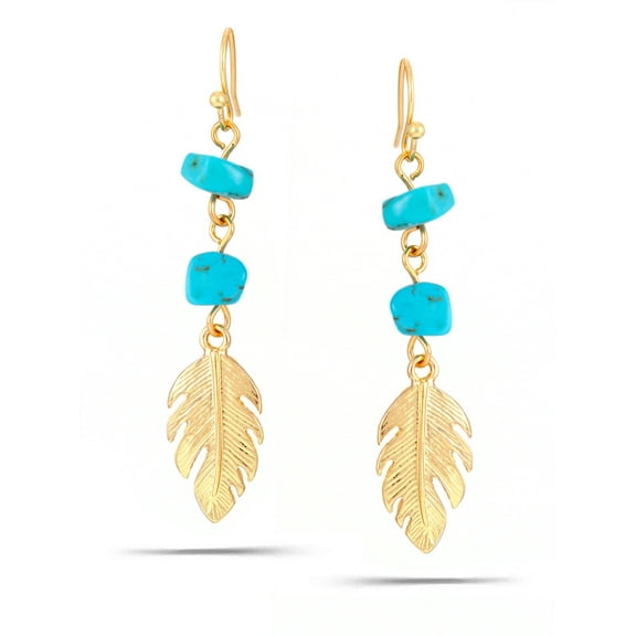 WOMEN'S GOLD FEATHER TURQUOISE DROP EARRINGS