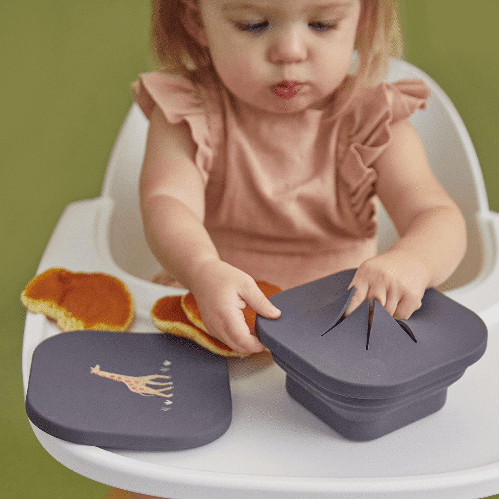 Austin Baby Co Silicone Collapsible Snack Bowl for Toddler and Kids – Reusable Snack Container with Two Specialized Lids – BPA free, Dishwasher Safe and Leakproof for Babies (Safari Faded Black)