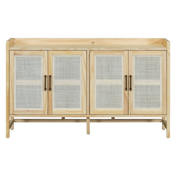 Natural Rattan 4-Door Wood Nightstand with Cane Mesh Doors and Black Metal Handles