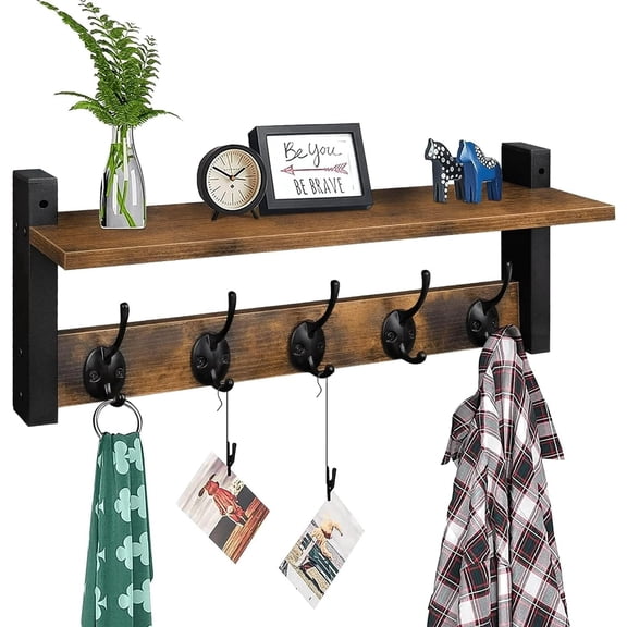JieC Coat Rack Shelf Wall Mounted 17 ", Entryway Coat Hanger with 5 Hooks, Hat Rack for Bedroom, Bathroom, Rustic Brown