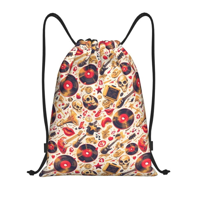 Lukts gold Skull Guitar record Pattern Drawstring Backpack Bag Sport Gym Sackpack,String Backpack Sport Bag Sack,Cinch Tote Gym Backpack-Medium