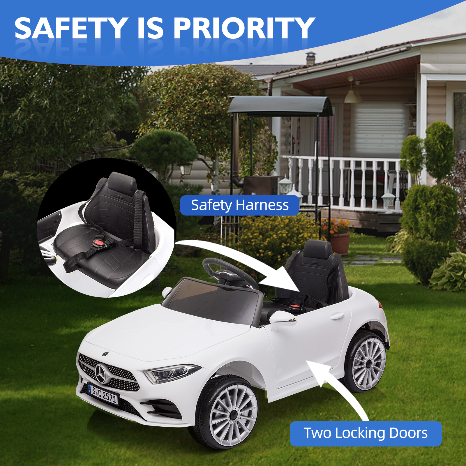 Bopilon Kids Electric Ride on Car with Remote Control, 12V Licensed Mercedes Benz Kids Car Battery Powered Electric Vehicles Toy Car, Adjustable Speed, Safety Belt, Music&LED Lights(White)