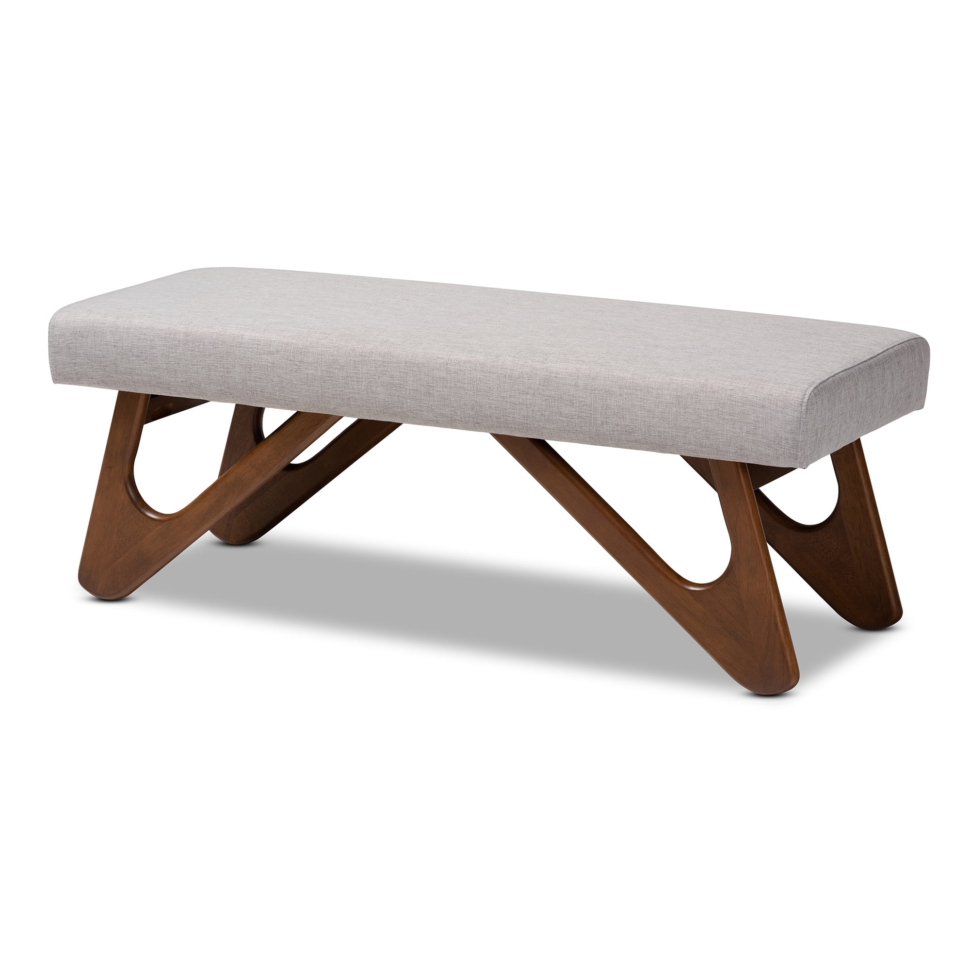Baxton Studio Rika Mid-Century Modern Grayish Beige Fabric Upholstered Walnut Brown Finished Boomerang Bench