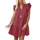 thumbnail image 1 of Vestido de verano con manga casquillo y volantes para mujer, cuello en V, cordón, color puro, vestido de túnica informal, rojo claro S, 1 of 2