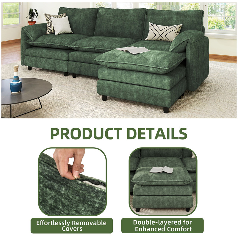 Uforic Sectional Sofa with Ottoman, 108" L Shape Modern 4 Seat Cloud Couch with Pillow-Armrest,Green