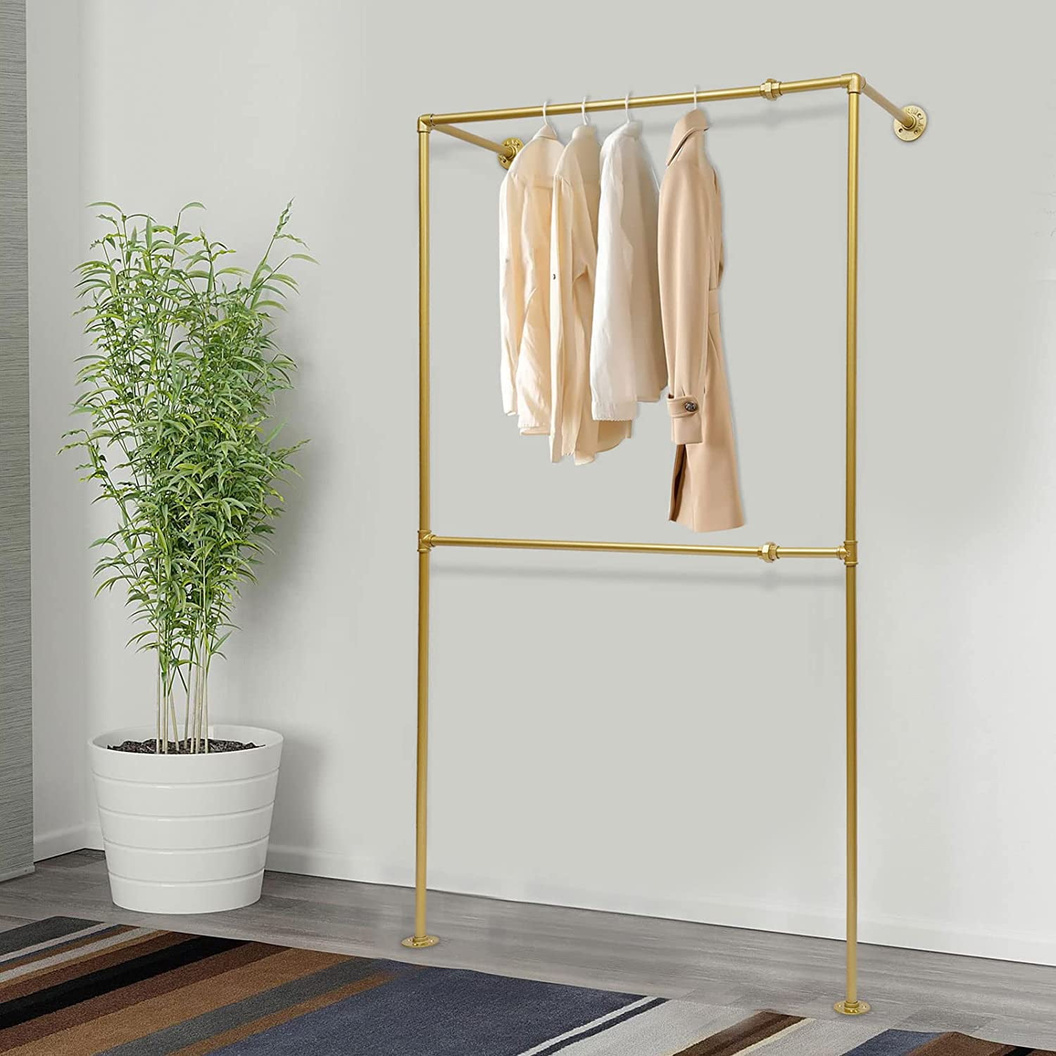 Flkoendmall 2 Tier Metal Clothing Display Rod Wall Mounted Garment