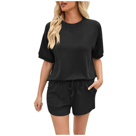 TFEOQRY Women Fashion Solid Color Round-Neck Shirts Sets Short Sleeve Tops and Pockets Shorts Suit Dark Gray