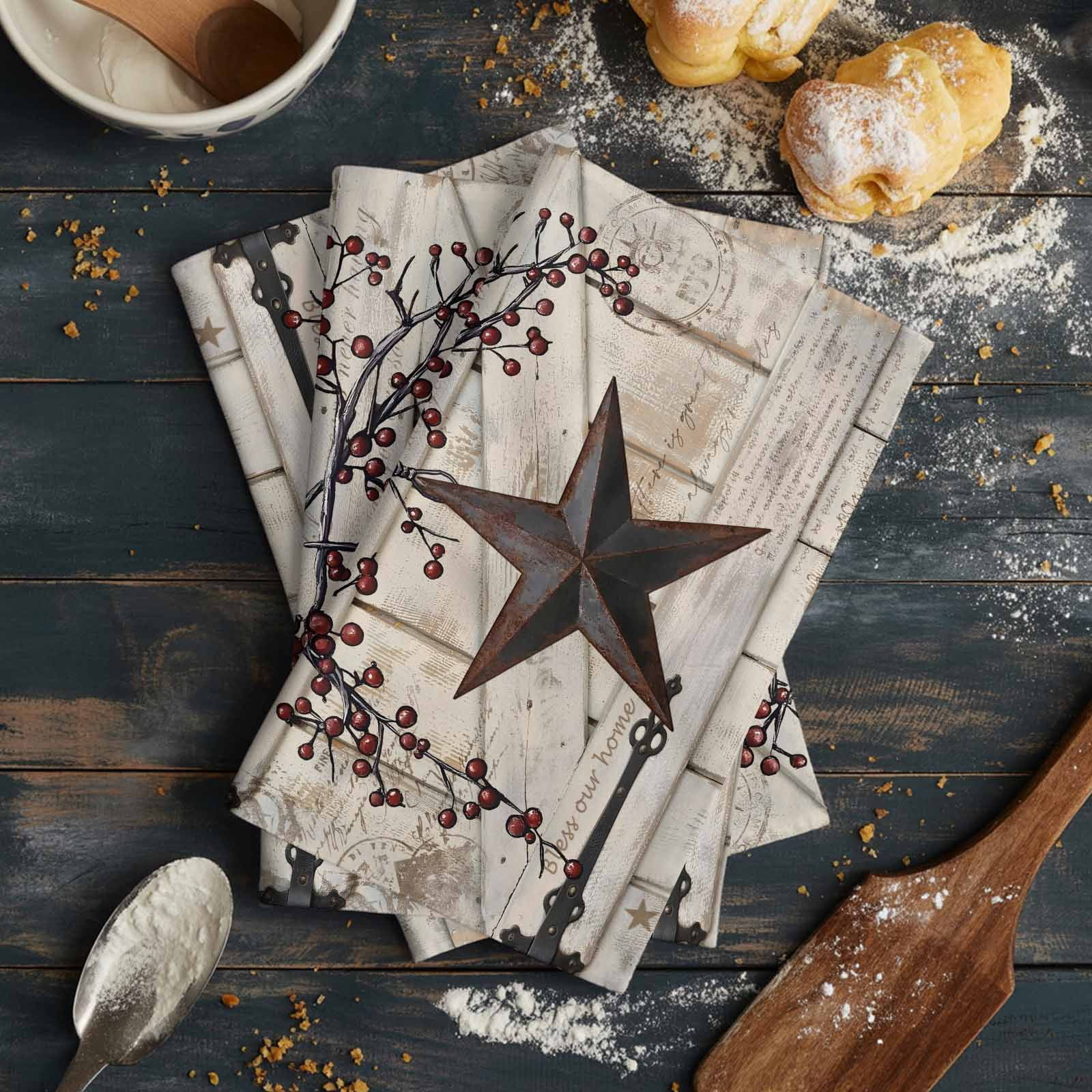 Texas Star Vintage Kitchen Towels Set of 3, Water Absorbent Dish Towel, Brown Retro Berry Beige Wooden Branches Decorative Hand Towels - Quick Drying Cloth for Cooking Baking, 18x28 Inch