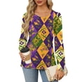thumbnail image 5 of Mardi Gras Shirts Womens Glitter Carnival Crew Neck Tops Mask Print Long Sleeve Green Blouse Dark Purple S, 5 of 9