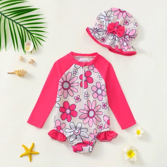 Zylarhe Girls Swimsuit, Girls Swimwear Beach Long Sleeve Rash Guard with Hat Zip Up Bathing Suit for Toddler Summer Play 6-9 Months Watermelon Red