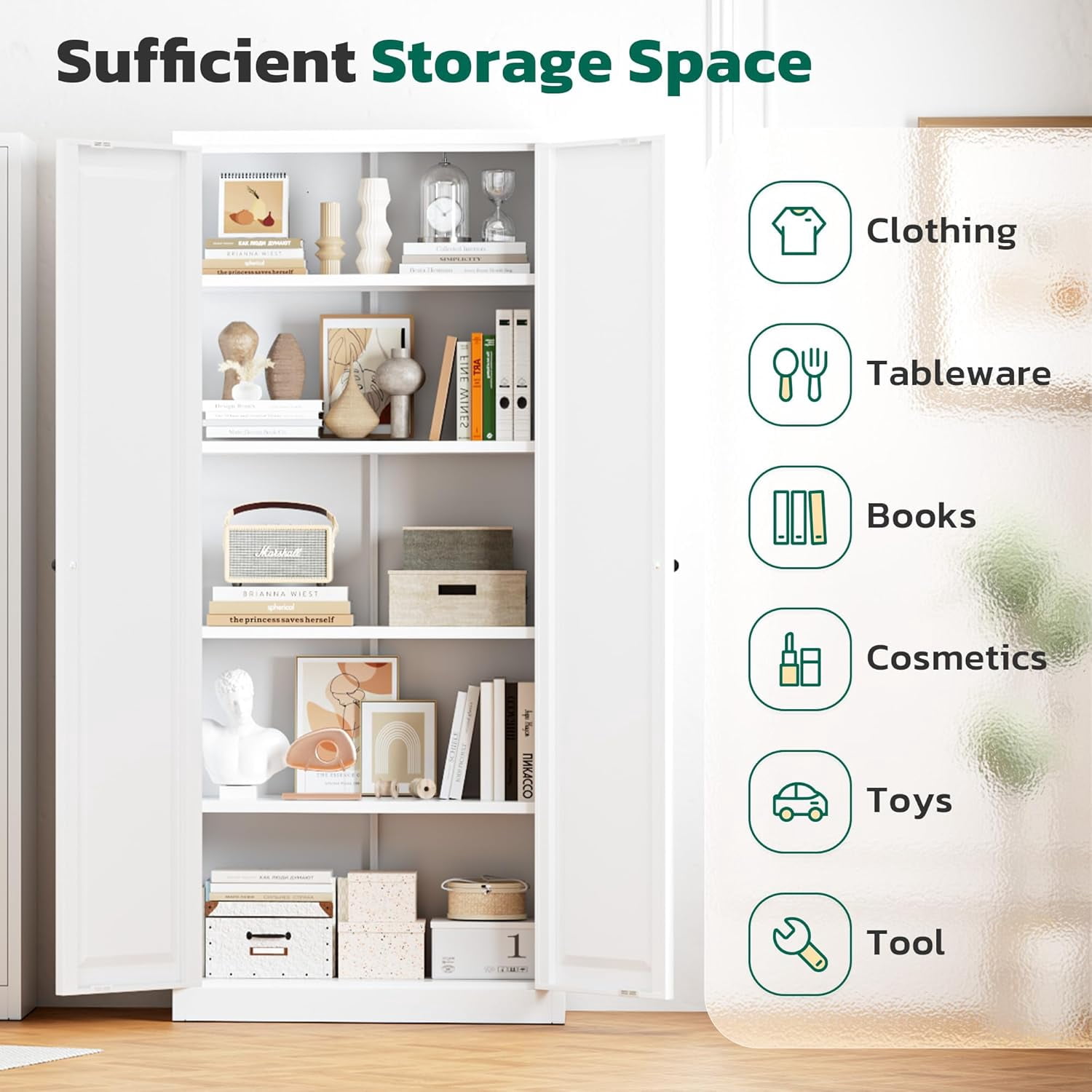 SOLAURA 63" H Modern Metal Kitchen Pantry Cabinet, Pantry Storage Cabinets with 4 Adjustable Shelves for Kitchen, Living Room, Bedroom, Dining Room, Home(White)