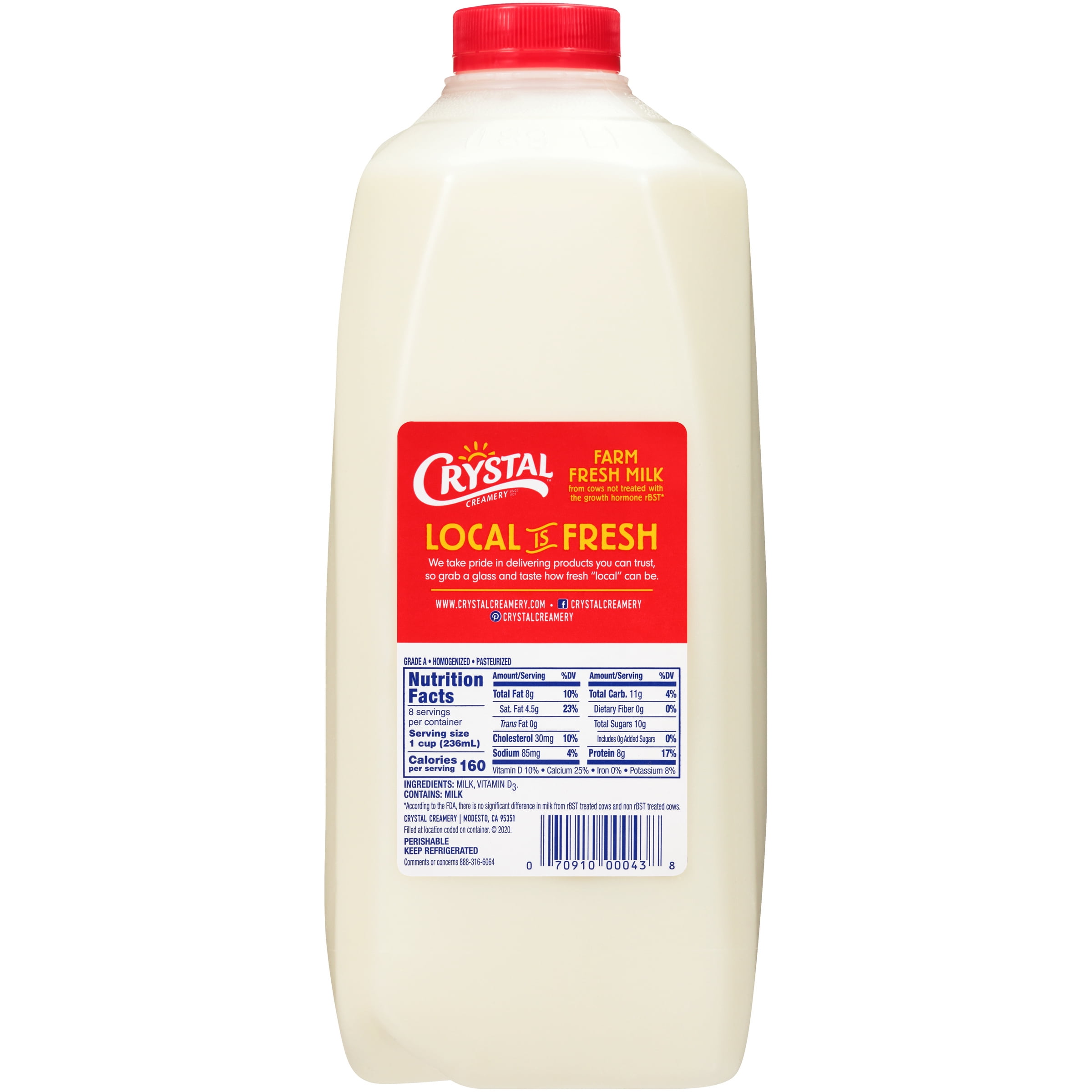 Crystal Creamery Real California Vitamin D Whole Milk, Gluten Free, Half Gallon Jug, 64 fl oz