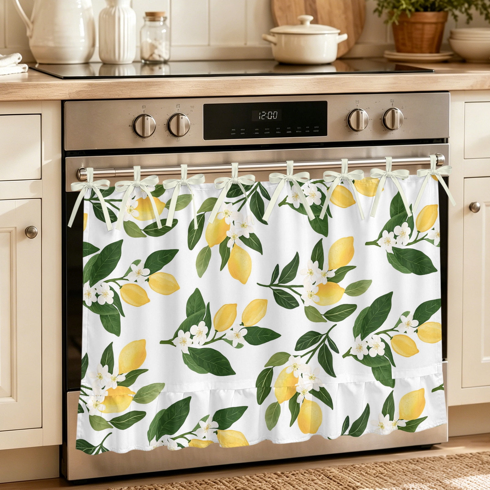 Oven Skirt Curtain for Kitchen 20x27 Inch Lemons Leaves Oven Curtain with 8 Ribbon Ties & Ruffle Trim Stove Skirt Curtain Dishwasher for Cabinets Over Sinks Summer Fruits Floral Botanical