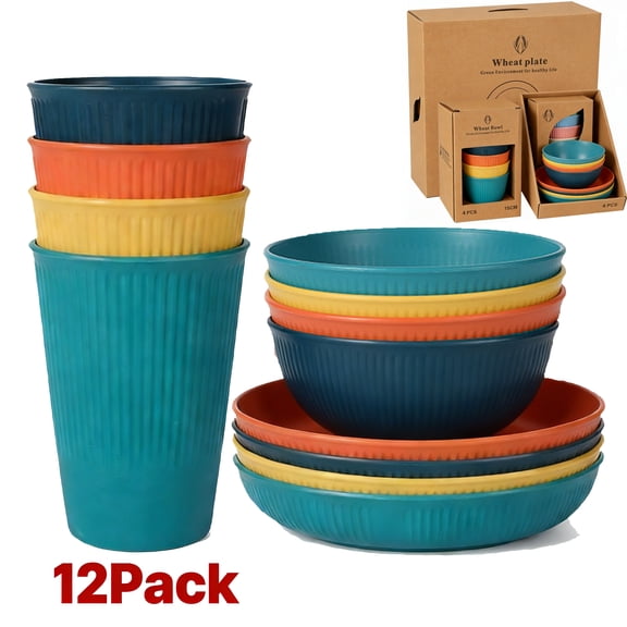 12PCS Wheat Straw Plates and Bowls Sets - 4 Bowls 4 Plates 4 Cups | Reusable Plastic-Like Eco-Friendly BPA-Free Dinnerware for Home Kitchen