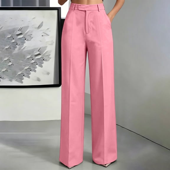Guieoi Dress Pants for Women Business Solid Color High Waisted Drapey Straight Leg Minimalist Wide Leg Suit with Pockets Work Pants Trousers Pink XXL
