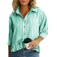 thumbnail image 2 of Lenpel Button down Shirts for Women Trendy 3/4 Sleeve Collared Ruffle Hem Striped Crop Tops Loose Fit Casual Blouses(Green,Medium), 2 of 7
