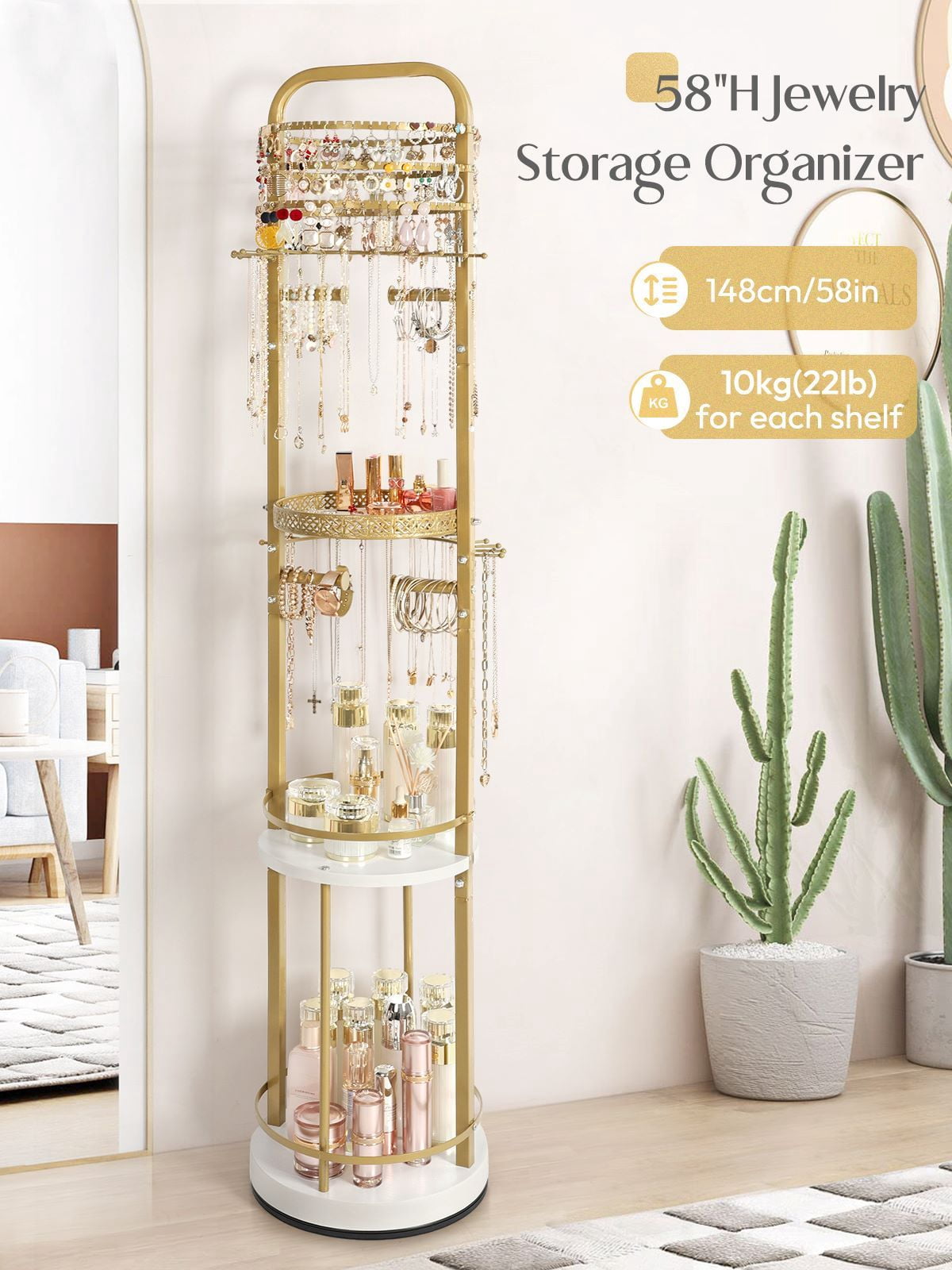 Olakee Rotating Large-Capacity Jewelry Organizer Stand for Earring, Necklace, Bracelet, Ring, Durable Metal & Wood, Girls & Women, Modern, White & Gold