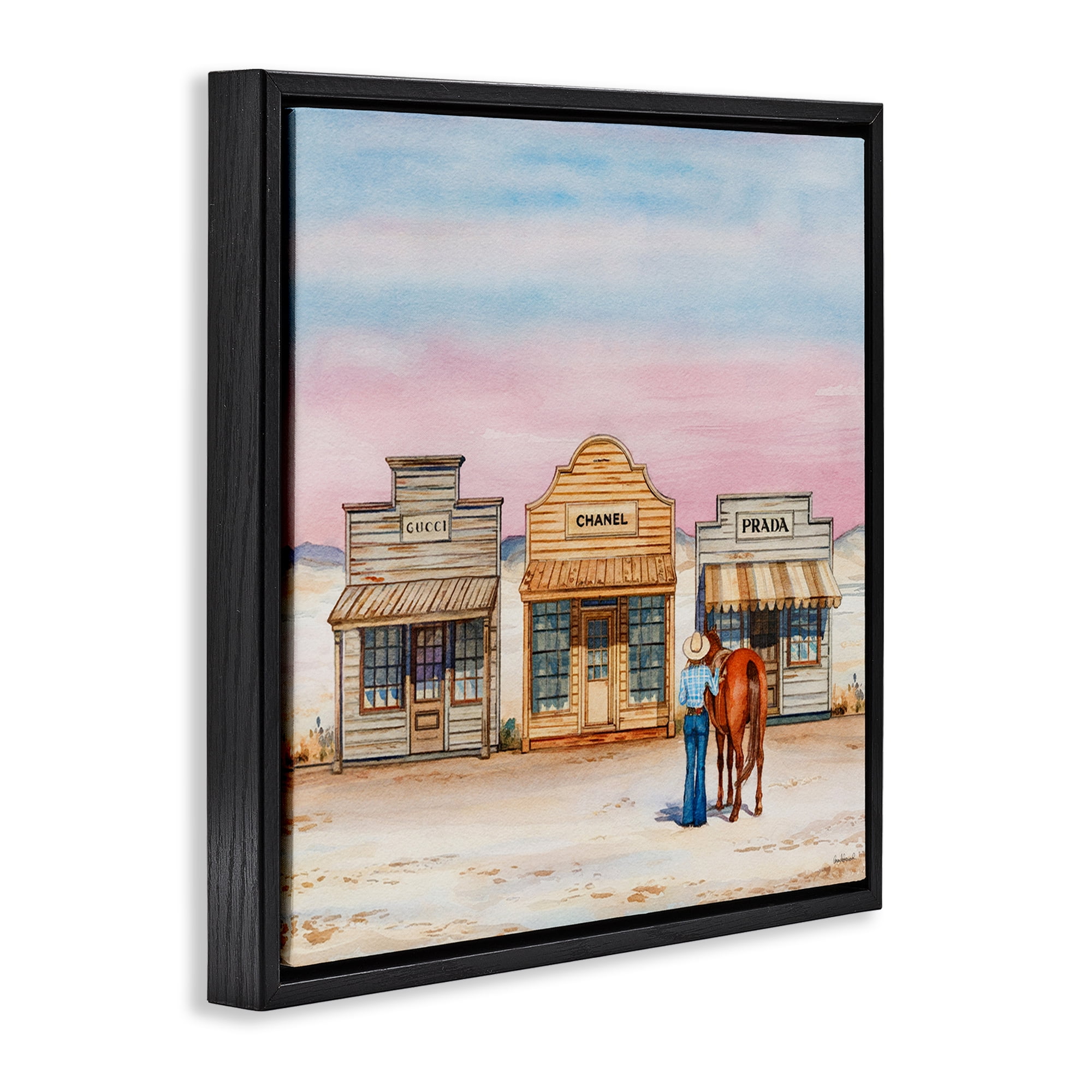 Stupell Industries Trendy Saloon Shops Cowgirl Fashion Painting Black Floater Framed Canvas Art Print Wall Art, 18 x 18