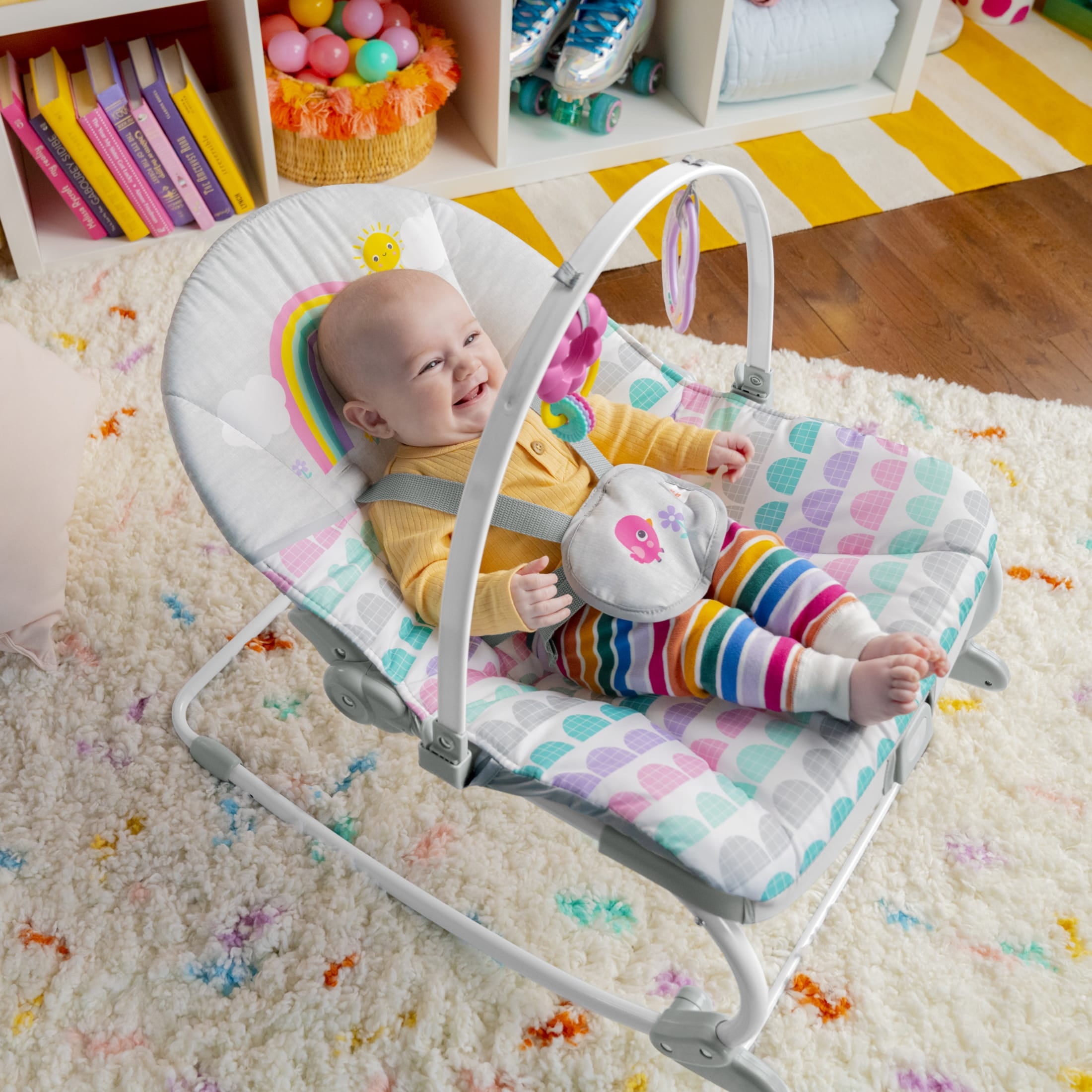 Bright Starts Rosy Rainbow Infant to Toddler Baby Rocker with Vibrations Newborn Unisex