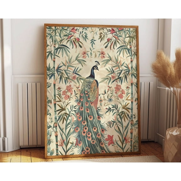 Indian Floral Bamboo Peacock Art Poster - Majestic Peacock With Floral Backdrop - Classic Cultural Wall Art Wall Art, Modern Wall Decor, 8x12 UNFRAMED