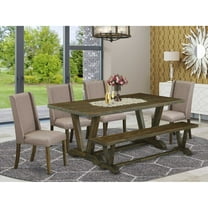 East West Furniture 6-Piece Table Dining Set-Dark Khaki Linen Fabric Seat and Stylish Chair Back Modern Dining chairs, A Rectangular Bench and Rectangular Top Kitchen Dining Table with Solid Wood...