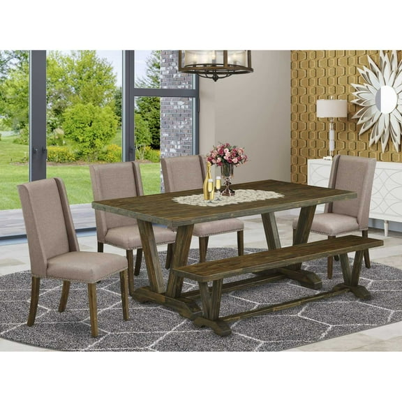 East West Furniture 6-Piece Table Dining Set-Dark Khaki Linen Fabric Seat and Stylish Chair Back Modern Dining chairs, A Rectangular Bench and Rectangular Top Kitchen Dining Table with Solid Wood...