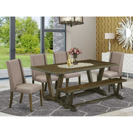 East West Furniture 6-Piece Table Dining Set-Dark Khaki Linen Fabric Seat and Stylish Chair Back Modern Dining chairs A Rectangular Bench and Rectangular Top Kitchen Dining Table with Solid Wood…