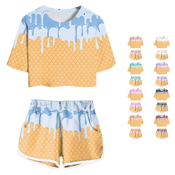 CUZIBR Girls Outfits Sets Kids Ice Cream All Over Print Outfit Crew Neck Short Sleeve Tee Matching Shorts 2 Pieces Summer Daily Activities,Blue,8-9 Years